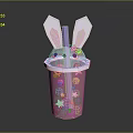 Adorable Pink Rabbit Ear Lid Cup With Star Patterns And Straw 3d model