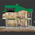 Cartoon Style Two Story House Scene With Green Roof Balconies Yellow Walls And Stone Base