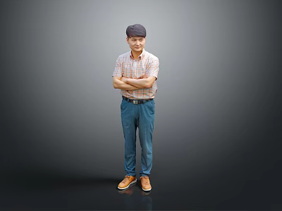 Man In Plaid Shirt Blue Jeans Brown Shoes Standing With Arms Crossed On Gray Background 3d model