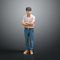 Man In Plaid Shirt Blue Jeans Brown Shoes Standing With Arms Crossed On Gray Background