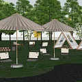 Scenic Campsite With White Sail Shade Surrounded By Trees Glamping Tents And Outdoor Dining Furniture