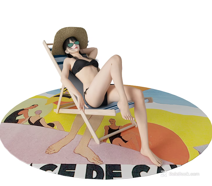 Woman in Black Bikini Relaxing on Beach Chair With Straw Hat Sunglasses on Colorful Rug 3d model 