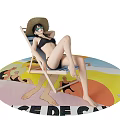 Woman in Black Bikini Relaxing on Beach Chair With Straw Hat Sunglasses on Colorful Rug