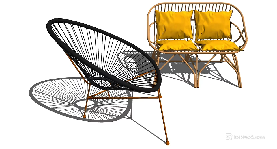Stylish Outdoor Woven Rattan Chairs With Black Gold Frame And Yellow Cushions 3d model 