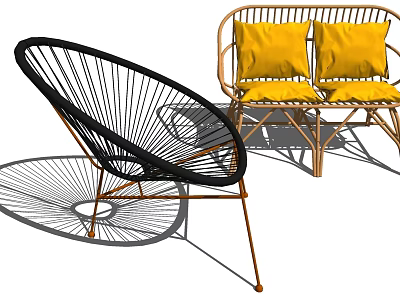 Stylish Outdoor Woven Rattan Chairs With Black Gold Frame And Yellow Cushions 3d model