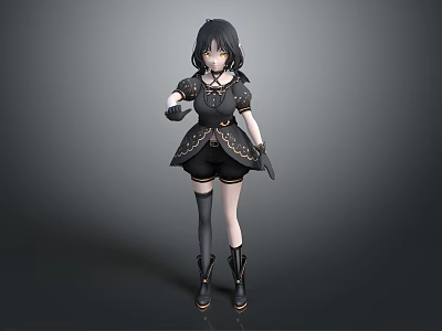 3D Fantasy Game Movie Character With Short Black Hair And Golden Accented Black Outfit 3d model
