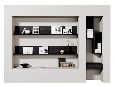 Modern Built in Bookshelf with Black Shelves White Wall Books Decorative Vase and Ornaments 3d model