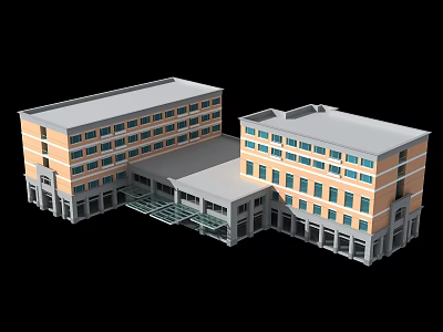 Modern Multi Story Building Complex With Orange Gray Exterior And Glass Connecting Corridor 3d model