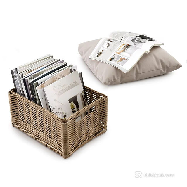 Woven Storage Basket Holds Magazines Next To Cushion At Home 3d model 