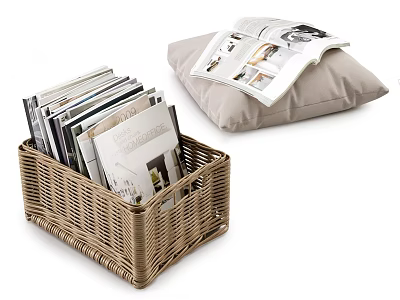 Woven Storage Basket Holds Magazines Next To Cushion At Home 3d model
