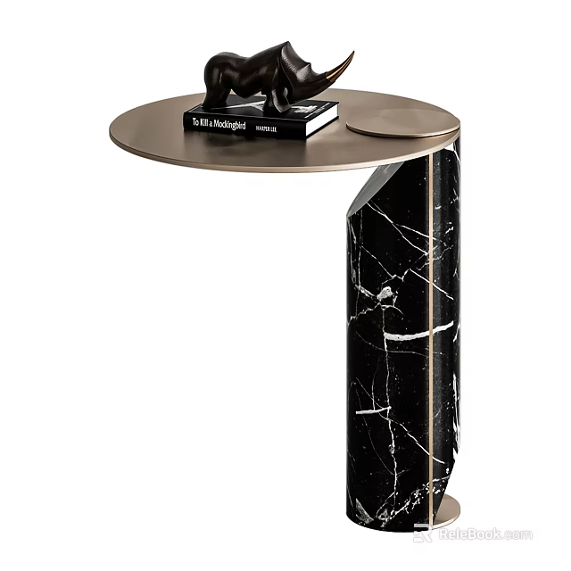 Modern Side Table With Black Marble Base And Round Metal Tabletop Featuring Decorative Items 3d model