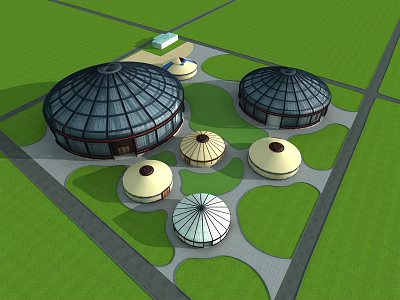 Modern Domed Buildings In Landscaped Area With Green Lawns And Gray Pavement 3d model