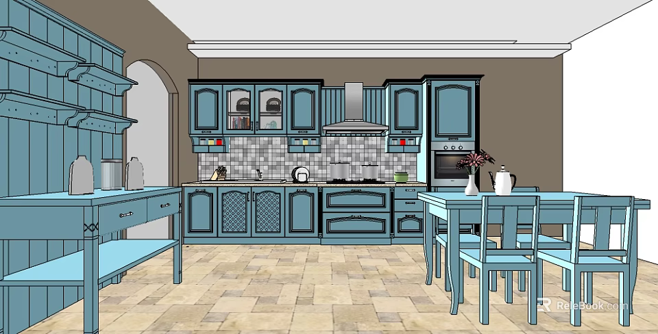 Blue Kitchen Cabinets With Glass Doors Tile Backsplash And Dining Table 3d model