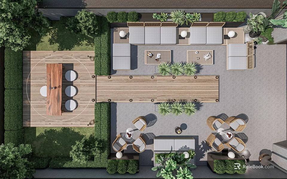 Courtyard Garden Design With Wooden Deck Patio Furniture Outdoor Seating And Greenery 3d model 