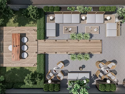 Courtyard Garden Design With Wooden Deck Patio Furniture Outdoor Seating And Greenery 3d model