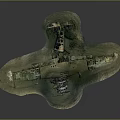 Submerged Underwater Aircraft Wreck Structure With Rusty Metal Frame Propeller And Wing Sections