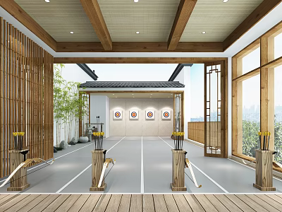 Indoor Archery Fitness Training Space With Wooden Structure Targets And Equipment 3d model