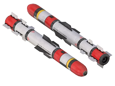 Two Military Rocket Missiles Weapon With Red White Body Yellow Stripes And Black Components 3d model