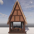 Traditional Thatched House With Triangular Roof Wooden Frame And Railed Porch Under Blue Sky