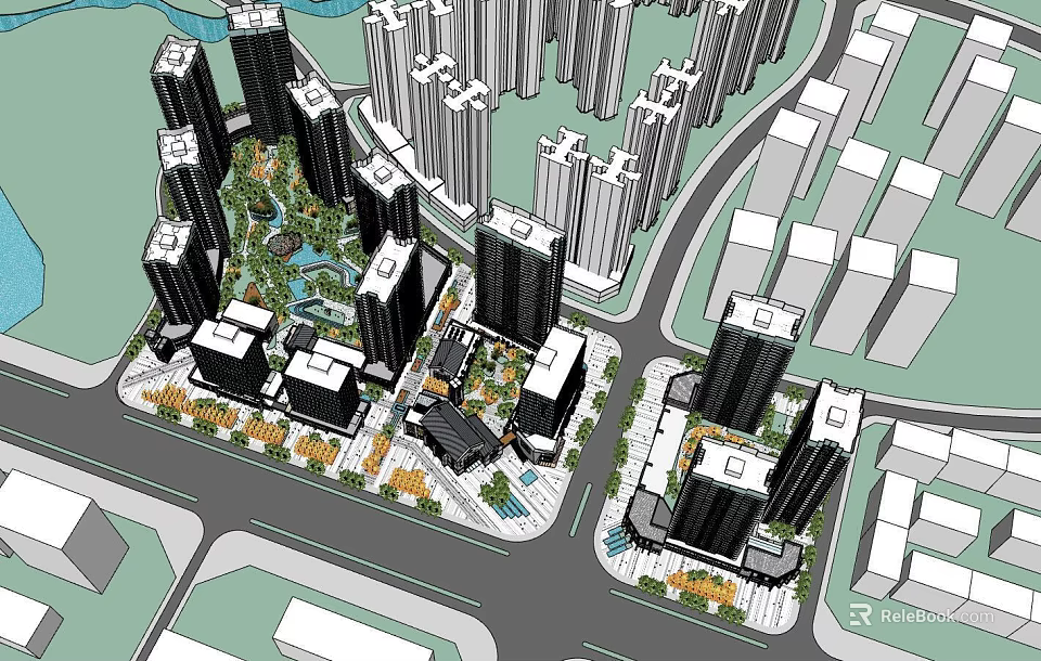 Modern Urban High Rise Residential Complex With Landscaped Green Space And Water Features 3d model 