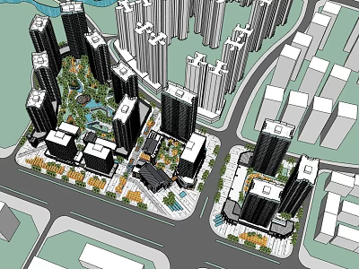 Modern Urban High Rise Residential Complex With Landscaped Green Space And Water Features 3d model