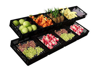 Assorted Fresh Fruits In Black Trays Featuring Pineapples Bananas Grapes Strawberries And Berries 3d model