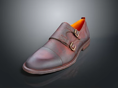 Brown Genuine Leather Shoes With Metal Buckle Straps And Orange Lining 3d model