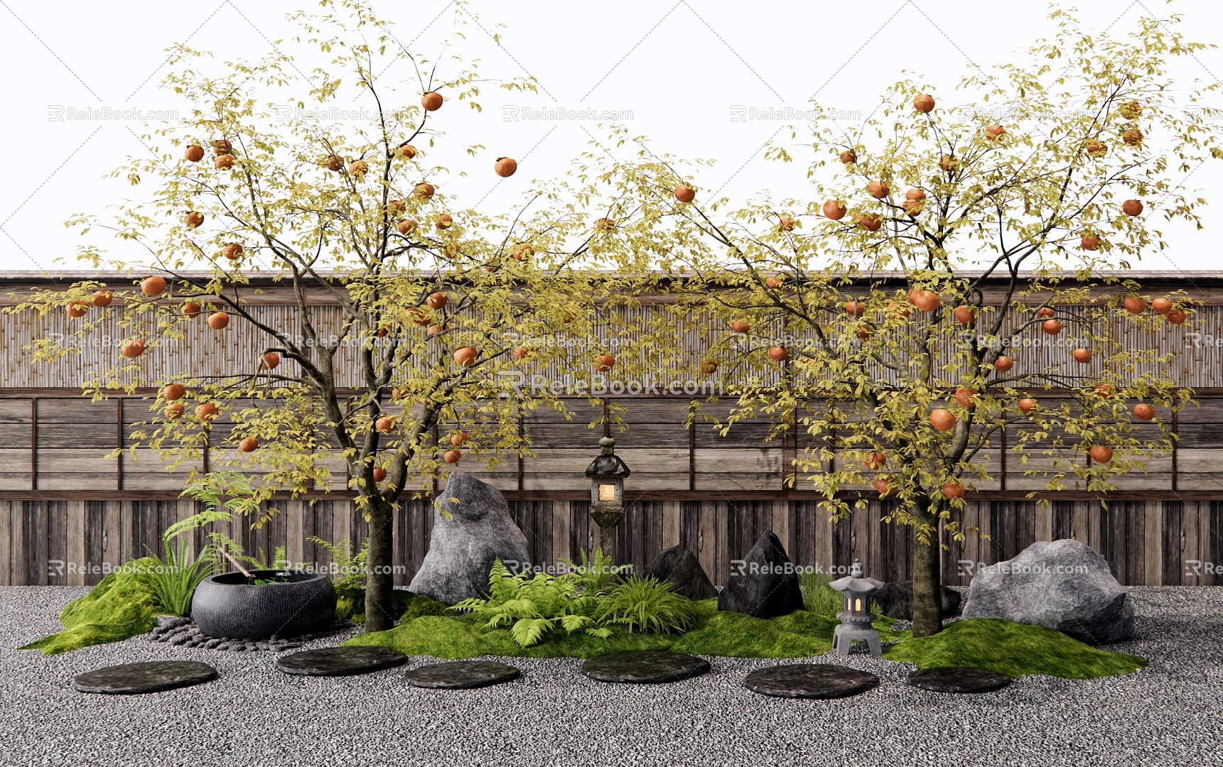 Japanese-style persimmon tree arbor landscape tree courtyard landscape sketch water pot tingbu plant landscaping stone wall 3d model