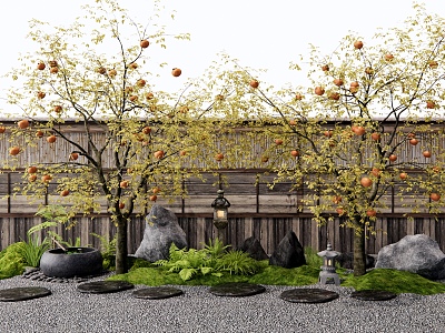 Japanese-style persimmon tree arbor landscape tree courtyard landscape sketch water pot tingbu plant landscaping stone wall 3d model