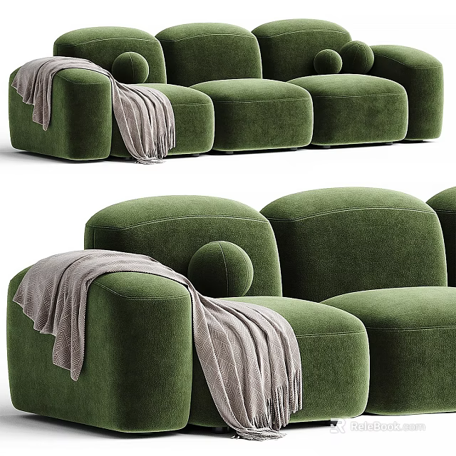 Plush Green Three Seater Sofa With Soft Gray Blanket And Modern Design 3d model 