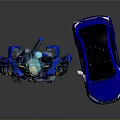 Blue Mechanical Robot Standing Next to Blue Car on Reflective Surface 3d model
