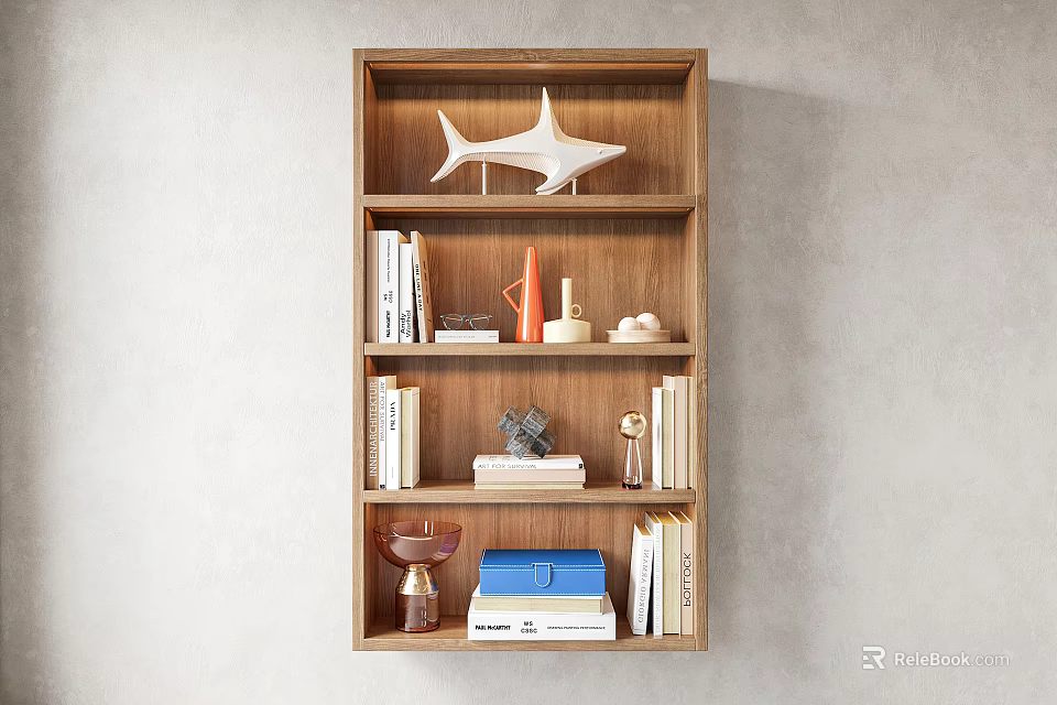 Modern Wooden Storage Shelf With Books Decorative Pieces Shark Model And Minimalist Style 3d model 