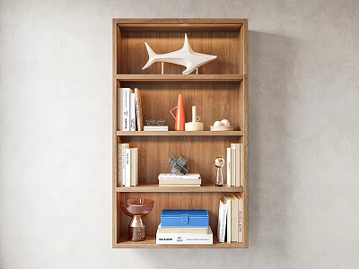 Modern Wooden Storage Shelf With Books Decorative Pieces Shark Model And Minimalist Style 3d model