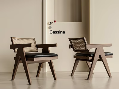 Mid Century Cassina Solid Wood Rattan Woven Dining Chair With Comfortable Soft Leather Cushion 3d model