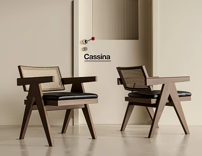 Mid Century Cassina Solid Wood Rattan Woven Dining Chair With Comfortable Soft Leather Cushion 3d model