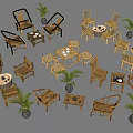 Bamboo Table and Chair Sets With Small Tables and Potted Plants 3d model