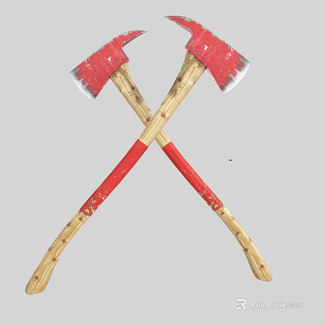 Classic Crossed Red Bladed Axes With Wooden Textured Handles As Weapons 3d model 