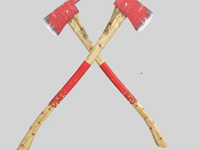Classic Crossed Red Bladed Axes With Wooden Textured Handles As Weapons 3d model