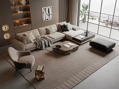 Modern Living Room Interior Design With Beige Sofa Armchair Coffee Table Rug And Large Windows 3d model