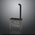 Vintage Stove Cabinet With White Drawers And Metal Chimney Design