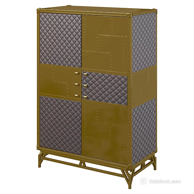 Elegant Gold Gray Console Cabinet With Quilted Leather Panels And Metal Legs 3d model 