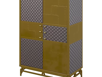 Elegant Gold Gray Console Cabinet With Quilted Leather Panels And Metal Legs 3d model