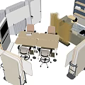Modern Office Desk Setup with Chairs Dividers Sofa Area and Potted Plant
