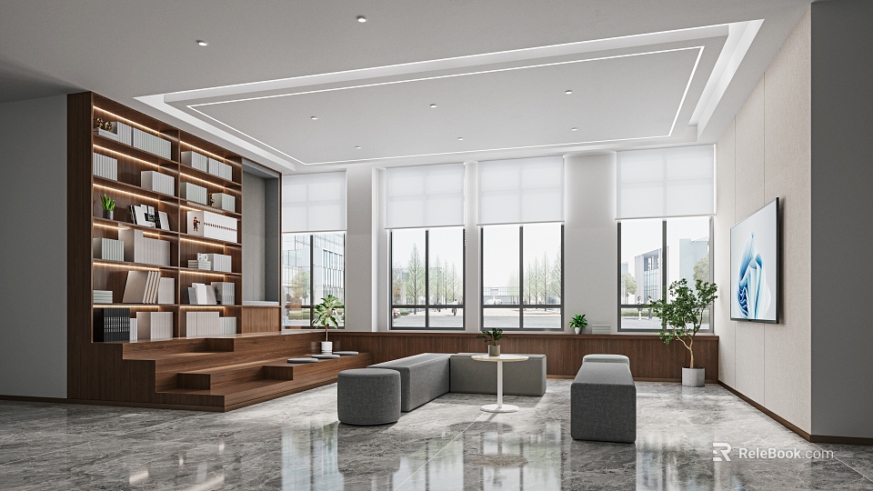 Lounge Area Interior Design With Gray Sofas Wooden Bookshelves And Large Windows 3d model 