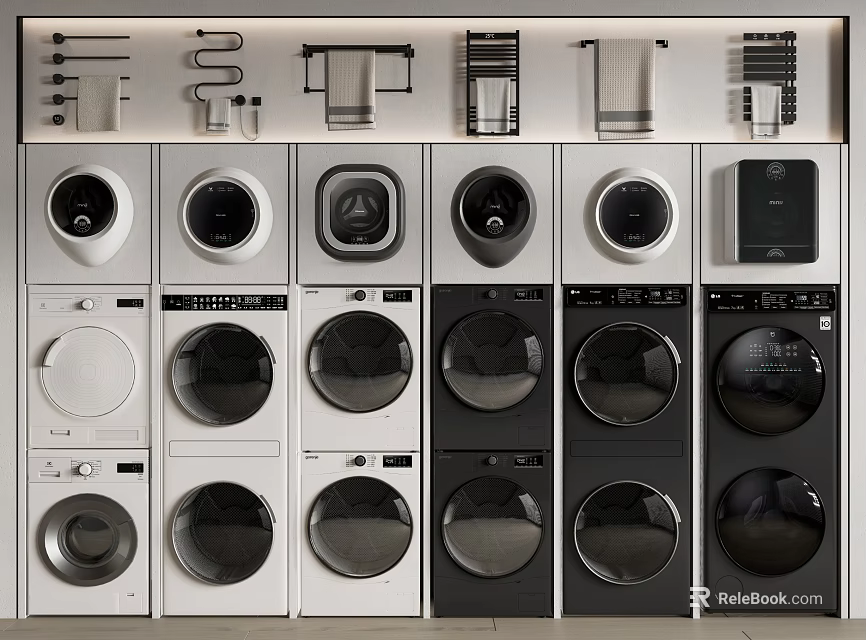 Various Front Loading Washing Machines With White And Black Modern Designs Arranged In Rows 3d model