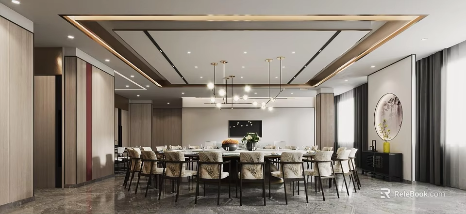 Luxurious Private Dining Room With Round Table And Chandeliers 3d model