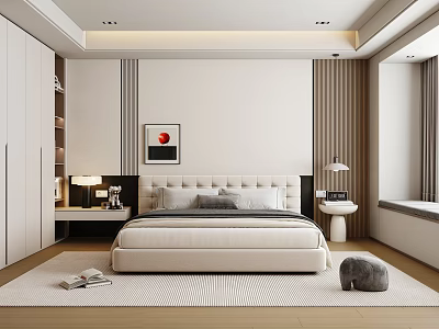 Modern Bedroom Interior With Upholstered Bed Nightstands Lamps And Wall Art 3d model