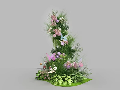 Floral Display With Tiered Structure Pink Purple Flowers Green Foliage And Butterfly Decorations 3d model