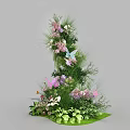 Floral Display With Tiered Structure Pink Purple Flowers Green Foliage And Butterfly Decorations
