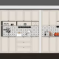 Modern Sideboard With White Cabinets Drawers Tile Backsplash And Decorative Items 3d model